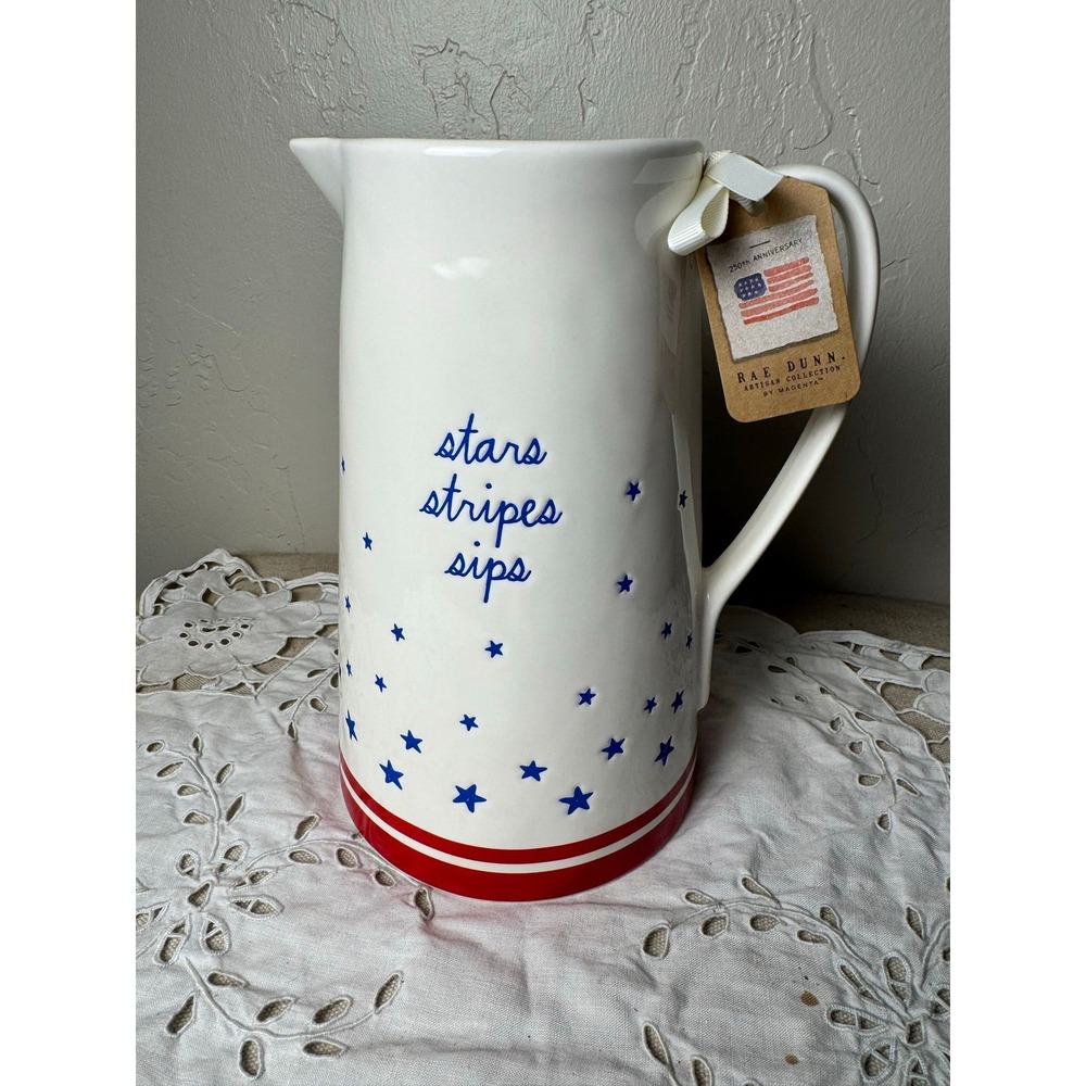 Rae Dunn patriotic pitcher STARS STRIPES SIPS blue stars
